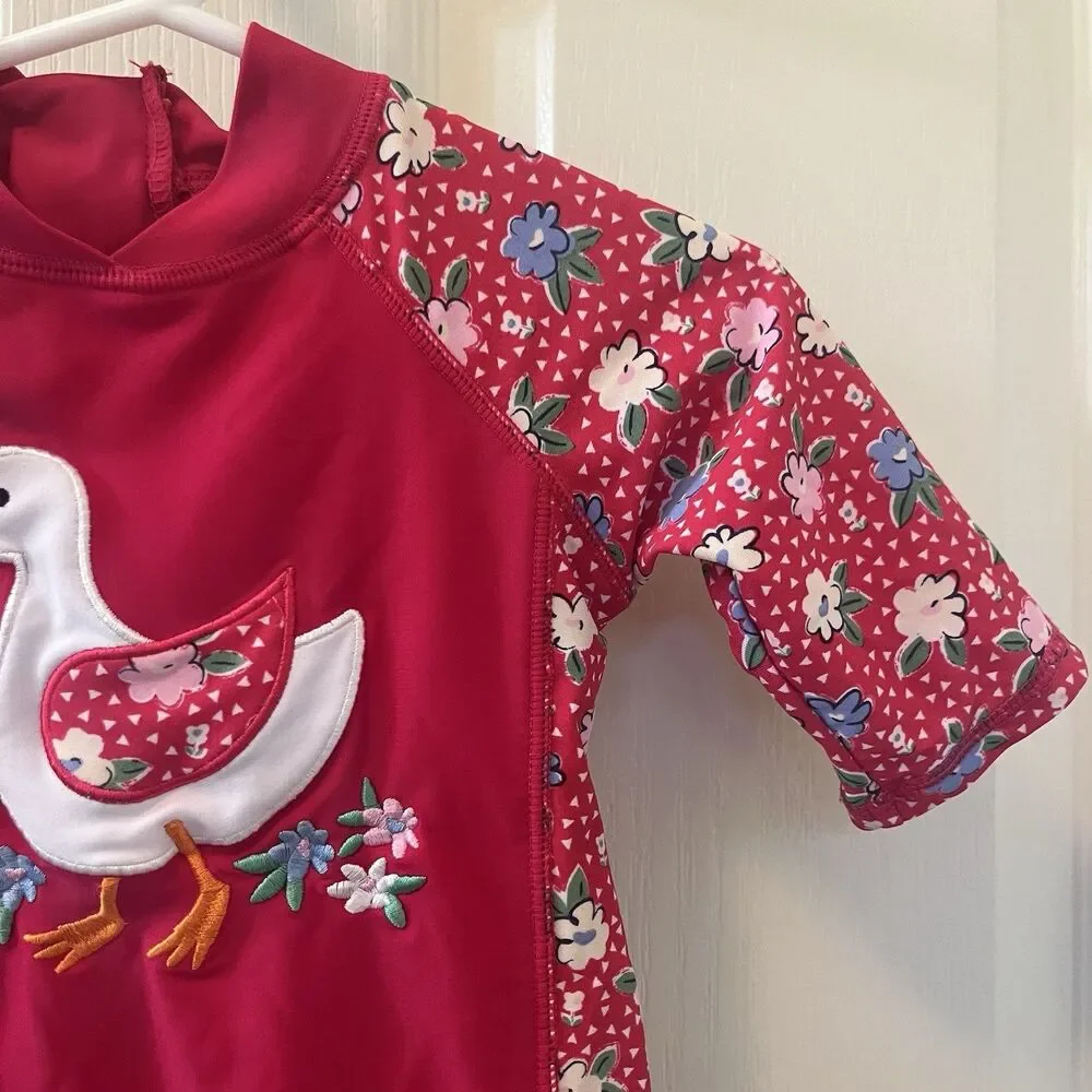 JoJo Maman Bebe Pink Floral Ditsy Duck Rashguard Swimsuit Girls Size 6-12 Months